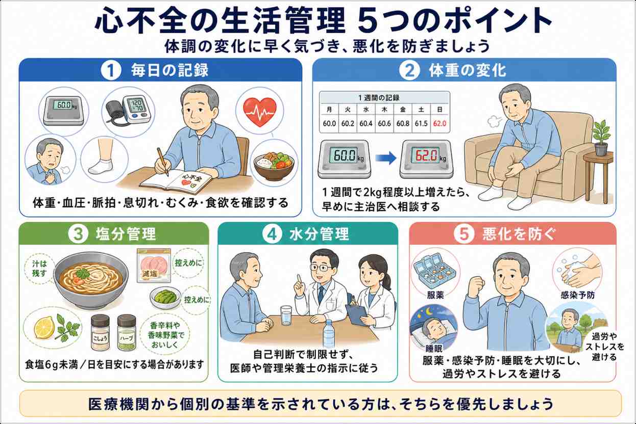 心不全の生活管理5つのポイント(毎日の記録・体重の変化・塩分管理・水分管理・悪化を防ぐ)