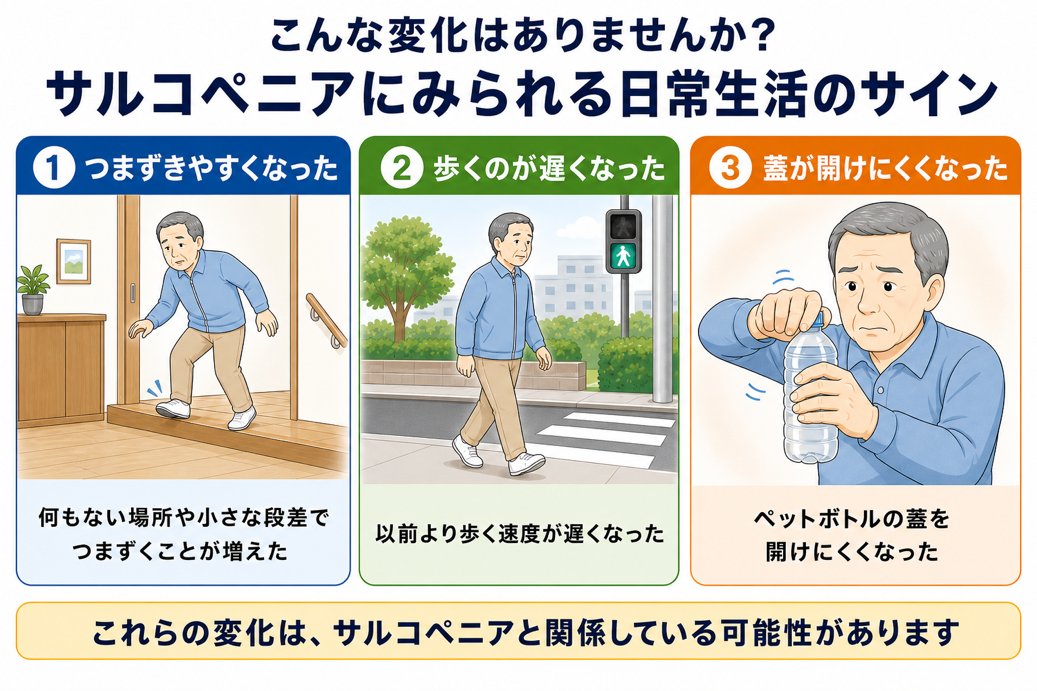 サルコペニアにみられる日常生活のサイン（つまずきやすくなった・歩くのが遅くなった・ペットボトルの蓋が開けにくくなった）を示すイラスト