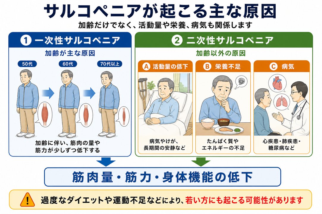 サルコペニアが起こる主な原因（加齢による一次性サルコペニアと、活動量低下・栄養不足・病気による二次性サルコペニア）を示す図