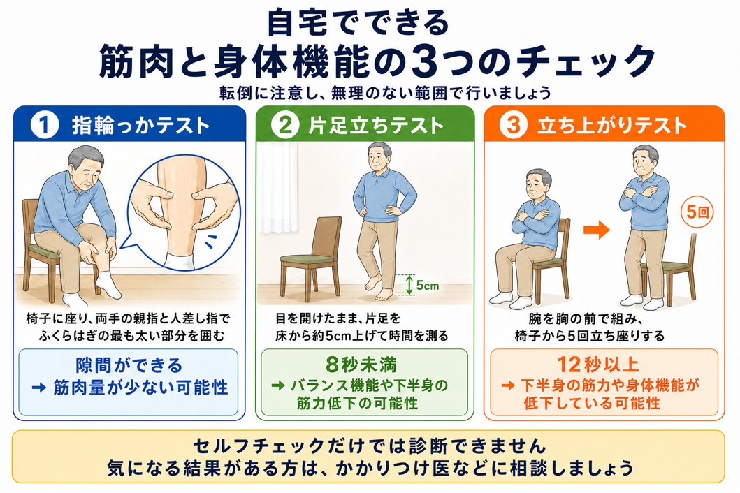 自宅でできる筋肉と身体機能の3つのチェック方法（指輪っかテスト・片足立ちテスト・立ち上がりテスト）を示すイラスト