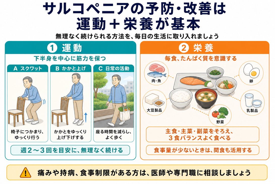 サルコペニアの予防・改善の基本となる運動（スクワット・かかと上げ・日常の活動）と栄養（肉・魚・卵・大豆製品・乳製品・野菜をそろえた食事）を示す図