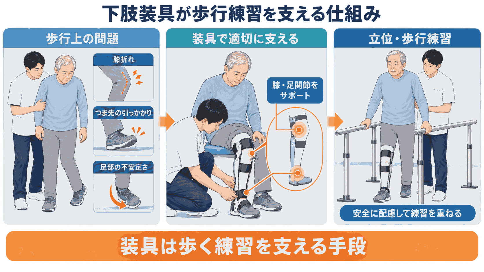 下肢装具が歩行練習を支える仕組み。膝折れやつま先の引っかかりなどの歩行上の問題を、装具で膝・足関節を適切に支え、立位・歩行練習につなげる流れの図