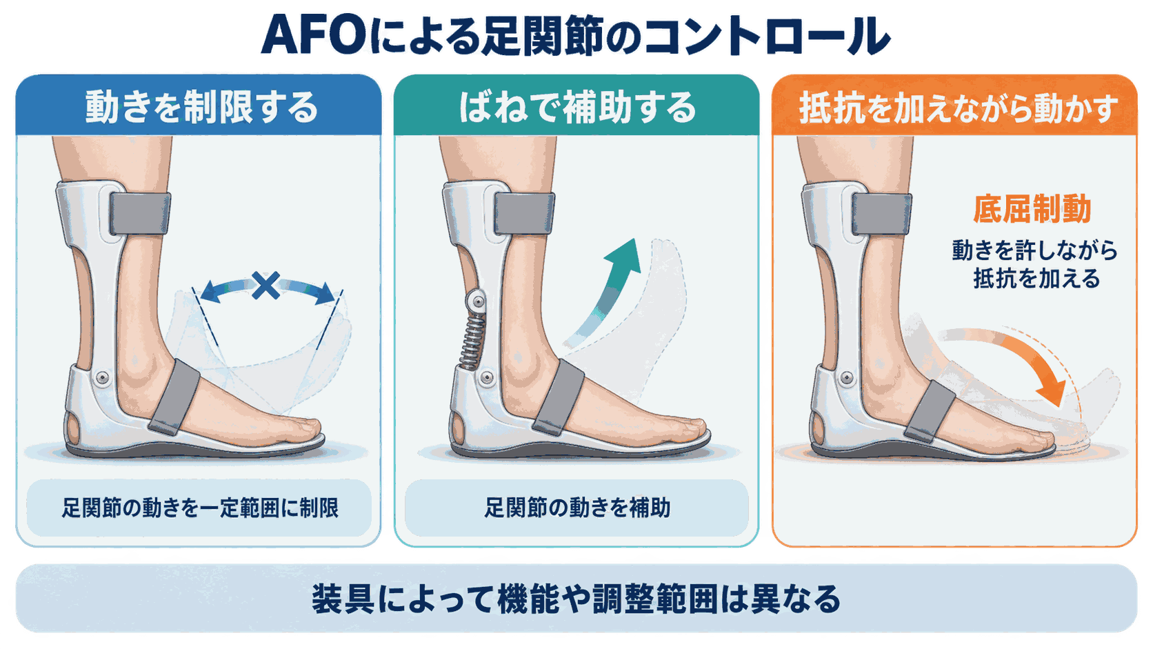 AFOによる足関節のコントロール。動きを制限する、ばねで補助する、抵抗を加えながら動かす（底屈制動）の3種類を示した図