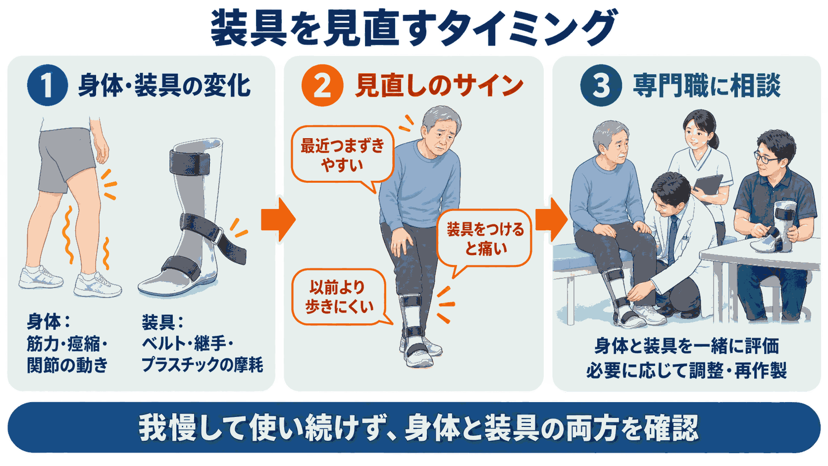 装具を見直すタイミング。身体・装具の変化、見直しのサイン、専門職への相談という3つのステップを示した図